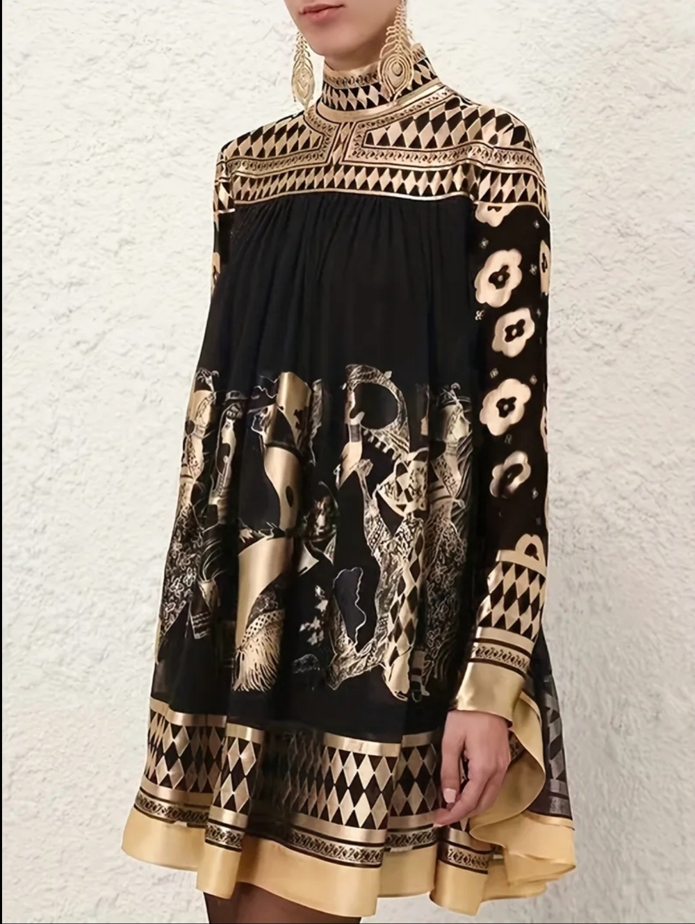 Black & Gold High-Neck Printed Swing Dress - Picture 2 of 7